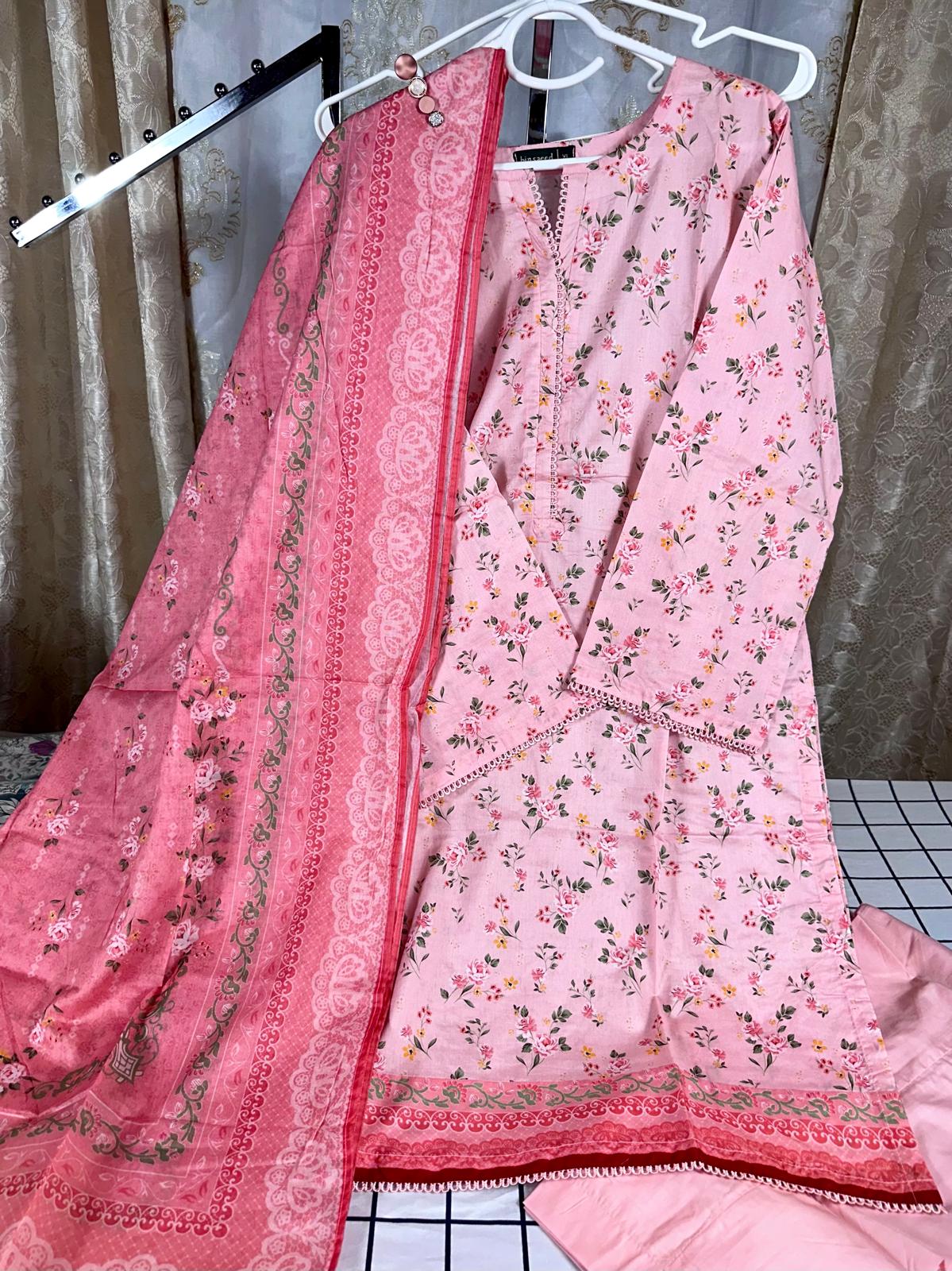 3 Piece Pink Color with Multi Flower Lawn Stitched Suit with Printed Lawn Dupatta and Plain Trouser.