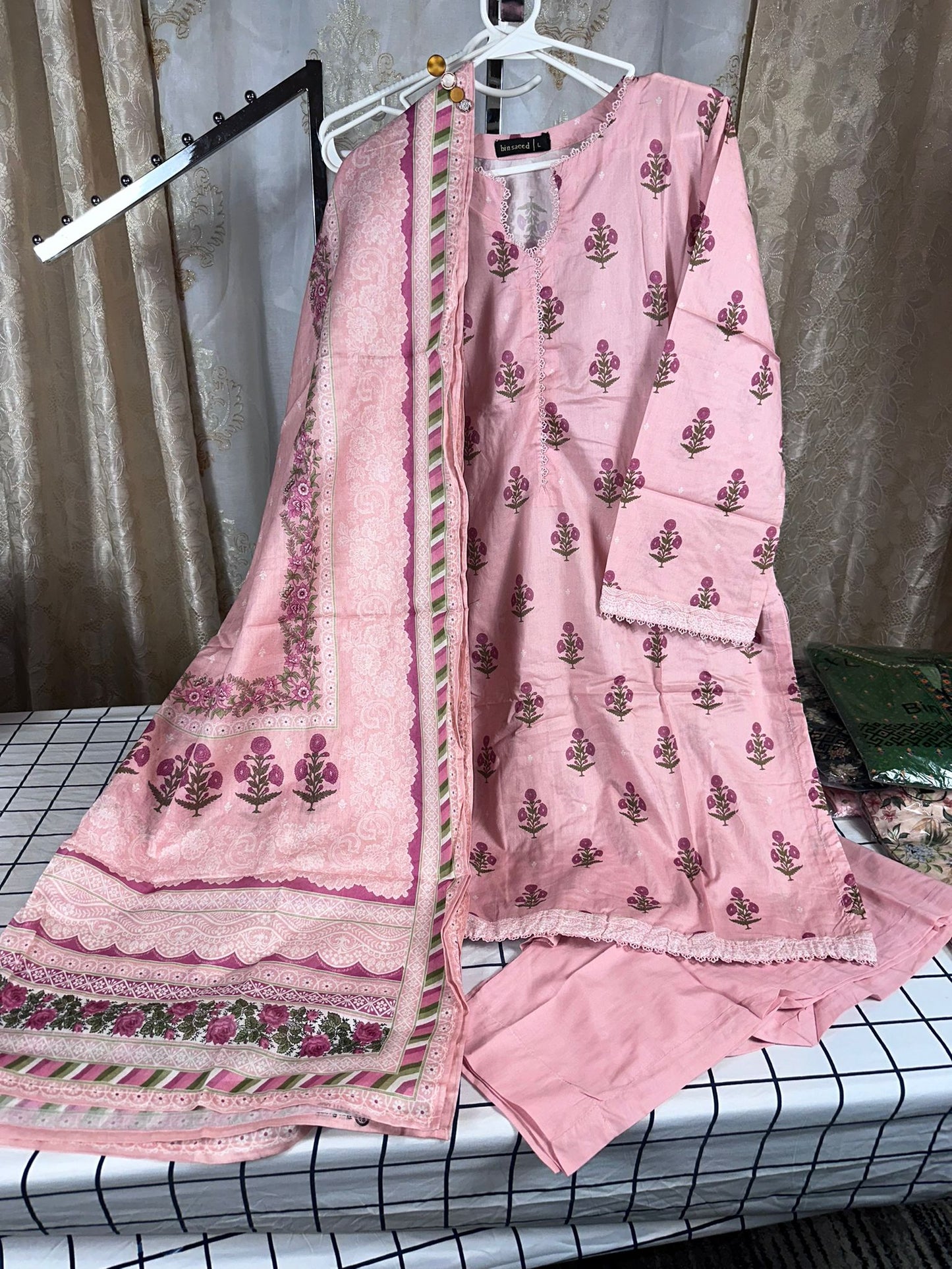 3 Piece Pastel Pink Color with Flower Lawn Stitched Suit with Printed Lawn Dupatta and Plain Trouser.