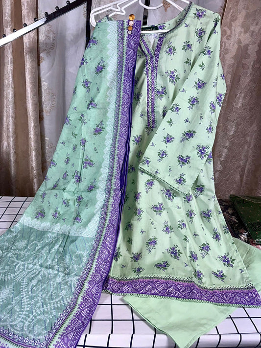 3 Piece Pastel Green Color with Pink Flower Lawn Stitched Suit with Printed Lawn Dupatta and Plain Trouser.