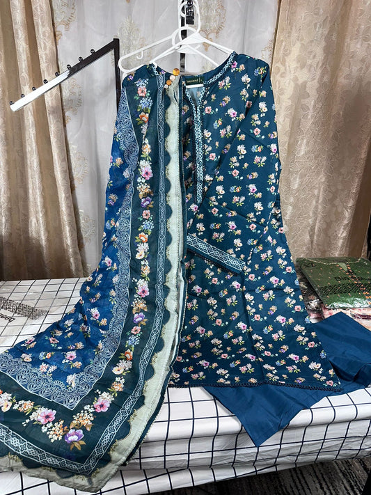 3 Piece Printed Blue Multi Color Lawn Stitched Suit with Printed Lawn Dupatta and Plain Trouser.