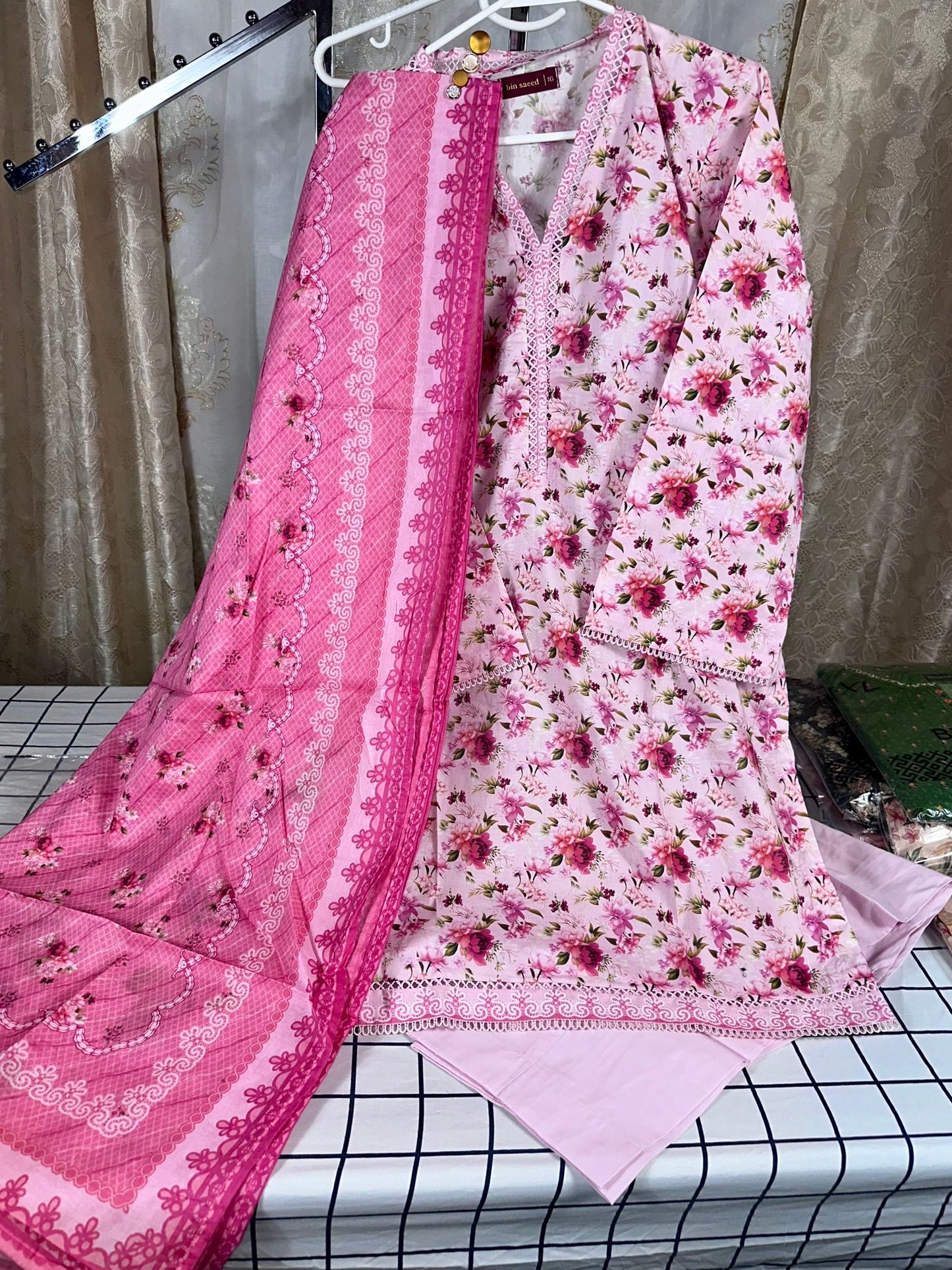 3 Piece Printed Pink Color with flower Lawn Stitched Suit with Printed Dupatta and Plain Trouser.