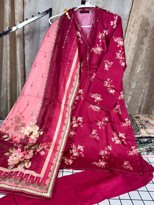 3 Piece Printed Shocking Pink Color Lawn Stitched Suit with Printed Dupatta and Plain Trouser.