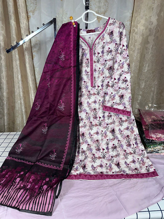 3 Piece Printed Pink & White Color Lawn Stitched Suit with Printed Dupatta and Plain Plazo Pants.