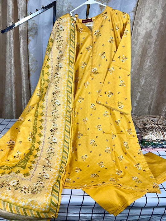 3 Piece Printed Yellow Color Lawn Stitched Suit with Printed Dupatta and Plain Trouser.