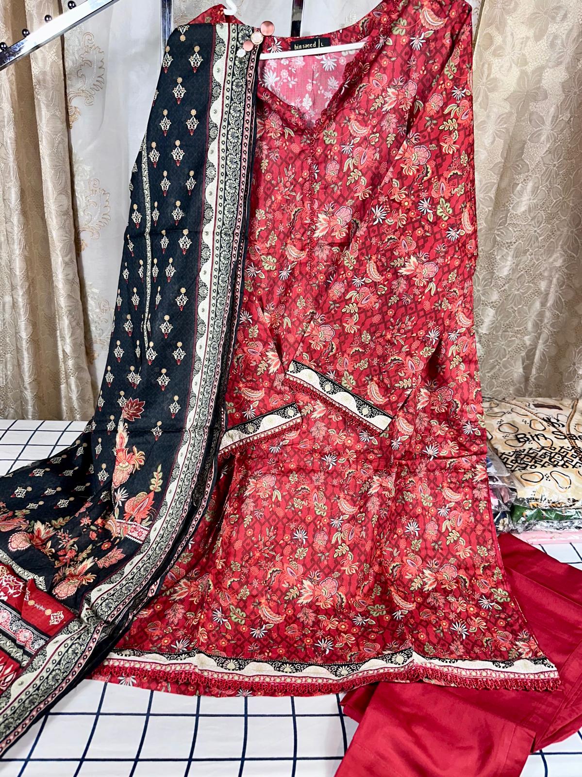 3 Piece Printed Red Color Lawn Stitched Suit with Printed Dupatta and Plain Trouser.